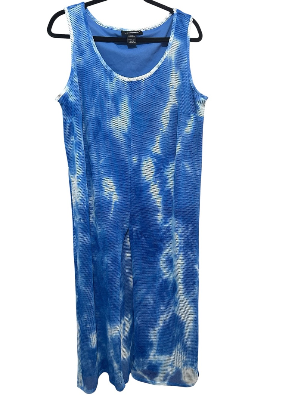 Ashley Stewart Blue Tie Dye Mesh Open Weave Tunic Tank Top Front Slit Plus 14/16